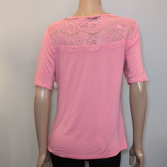 BAY STUDIO Petite Short Sleeve Top Sheer Lace Yoke Stretchy Rayon Barbie - Picture 5 of 10